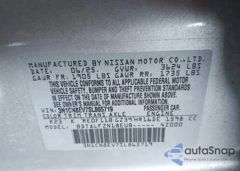 2025 Nissan Versa 1.6 Sv from USA, damaged, VIN 3N1CN8EV7SL865719
